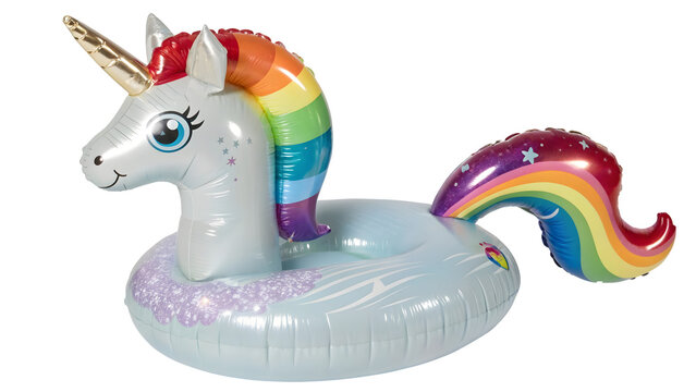 Unicorn pool float showcases a colorful inflatable design with a rainbow mane and horn, serving as a whimsical summer accessory for leisure activities isolated on a simple white background for.