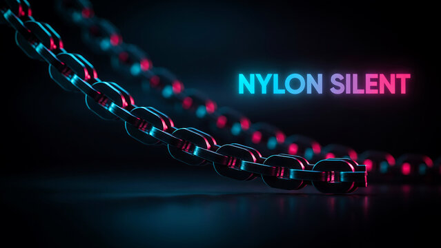 Chain links glowing with pink and blue neon lights against dark setting
