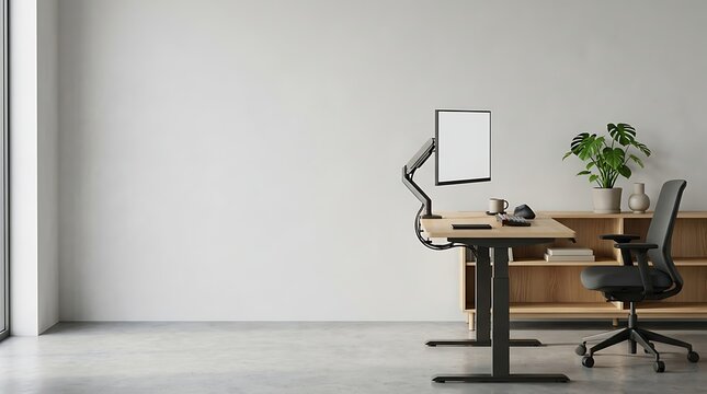 Modern ergonomic home office workspace with standing desk and chair