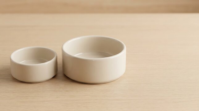 Two minimalist cream ceramic bowls on a light wood surface