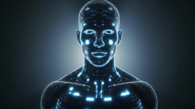 Futuristic digital human avatar with glowing blue circuitry representing artificial intelligence and machine learning models
