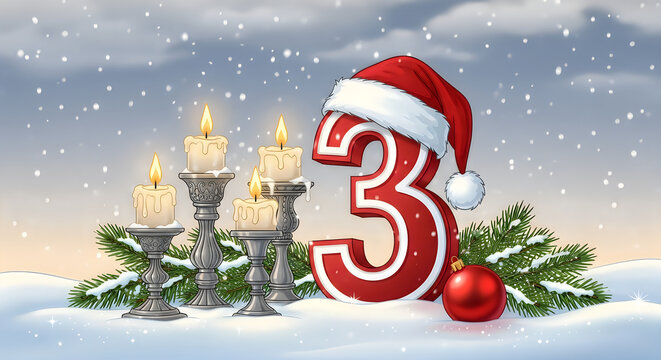 Christmas advent candle number three with hat