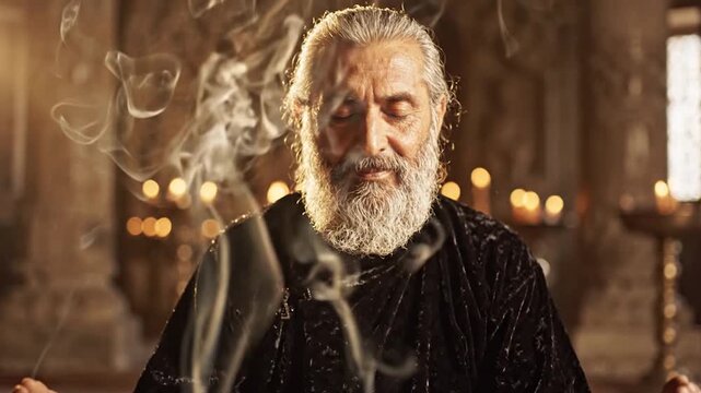 Old sorcerer practicing dark magic with smoke and candles in ancient stone chamber.