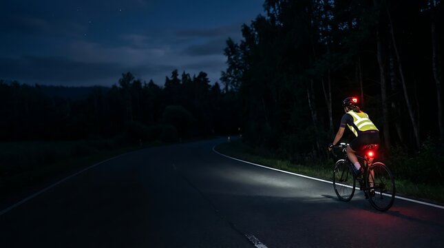 Cyclist with reflective gear riding on a dark road at night