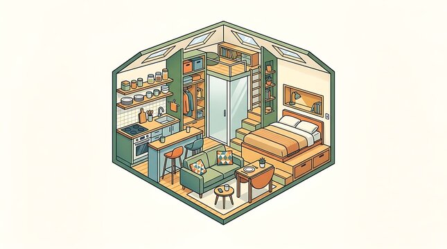 Isometric interior design of a cozy and modern tiny house studio