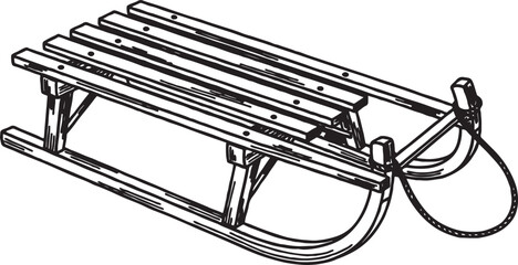 Outline drawing of a traditional wooden sled with rope for winter activities black and white line art vector art winter fun winter recreation equipment children activity