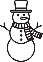 Outline illustration of a happy snowman wearing a top hat and striped scarf winter holiday character drawing carrot nose stick arms black lines white background graphic resource