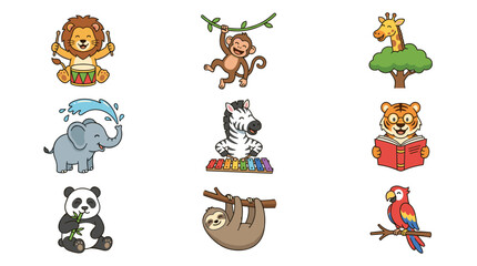 Obraz premium Cute Jungle Animal Icon Set: Lion Drumming, Monkey Swinging, Giraffe in Tree, Elephant Spraying Water, Zebra Playing Xylophone, Panda Eating Bamboo, Sloth Hanging, Tiger Reading, Parrot on Branch