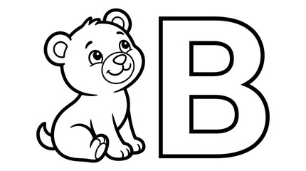 Playful Bear Cub Sitting Next to Large Letter B, Black and White Line Art Illustration for Coloring Pages, Cute Animal Vector Graphic © titin