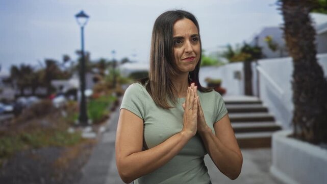 Young hispanic woman with hands pressed together near chest in pleading or prayer gesture on street steps beside a lamp post and white wall; reflective calm.