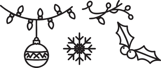 Minimalist christmas decoration icons set featuring bauble string lights snowflake and holly berry branch in black line art christmas decoration ornament snowflake seasonal celebration © MSTESIRON