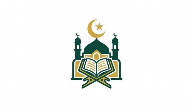 Islamic Mosque Logo Vector Concept with Open Quran Book, Dome and Crescent Moon