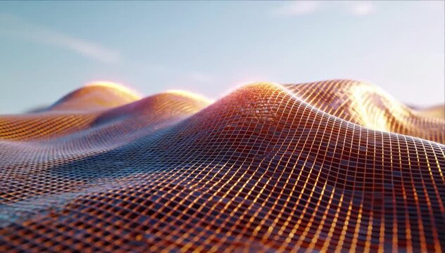 Abstract digital landscape with glowing wire mesh waves, smooth curve mesh and wave grid, blue orange grid surface, soft sky light, metallic sunrise glow, searchable SEO friendly abstract art video
