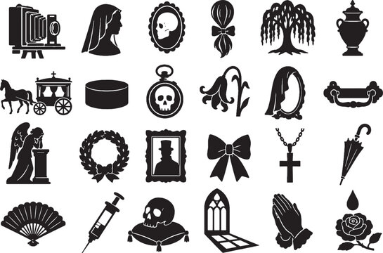 Victorian Mourning Post Mortem Funeral Horror Icon Set - Minimalist Vectors