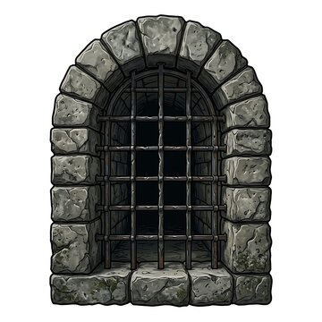 Medieval stone prison window with rusty iron bars