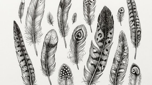 Detailed hand drawn feather sketches in vintage style.