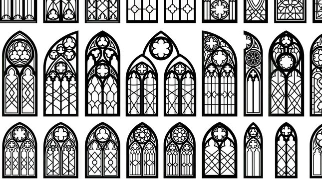 Gothic cathedral window frame outline pattern icons.