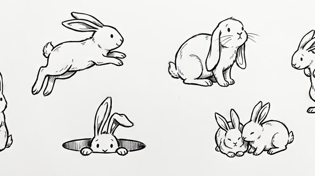 Hand drawn bunny rabbit sketches and poses.