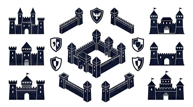 Isometric medieval castle fortress and wall components.