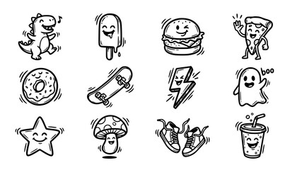 Cute Doodle Icon Set Collection of Hand Drawn Dinosaur Burger Pizza Donut Skateboard and Ghost Characters Vector Illustration © MdShagarAli