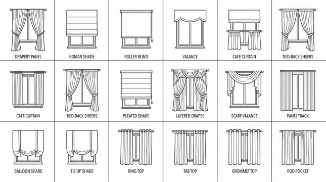 Technical diagrams of window curtain and blind styles