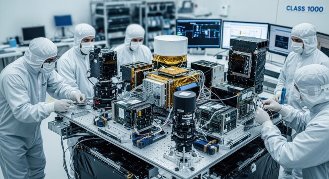 Various satellite sensors and avionics being integrated on the payload platform inside a rigorously sanitized cleanroom environment.