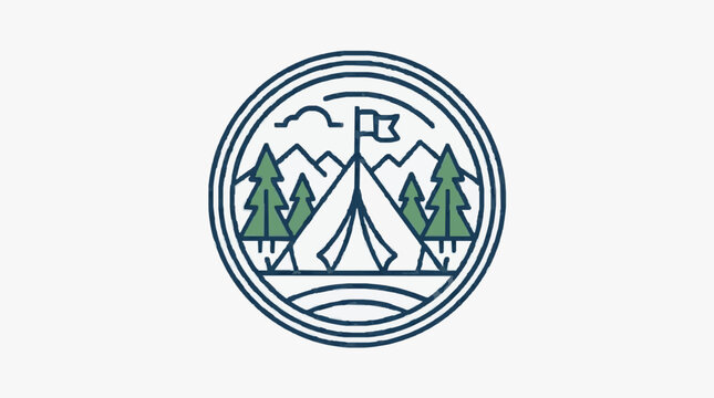 Camping tent logo with mountains and trees inside circular frame.