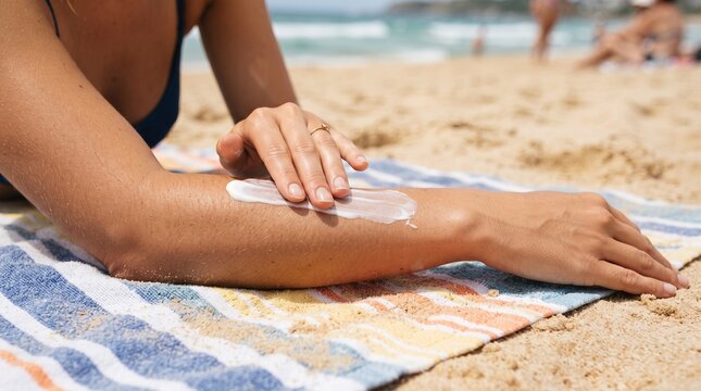 Woman applying sunscreen on arm for sun protection. Summer skincare routine with SPF lotion on beach towel.