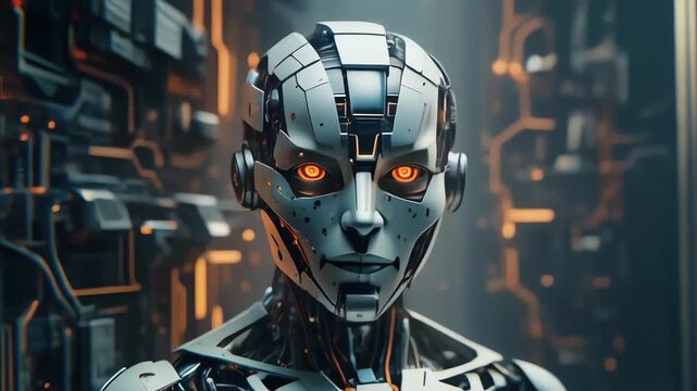 Advanced Humanoid Android with Glowing Orange Eyes in a Cyberpunk Futuristic Technology Background