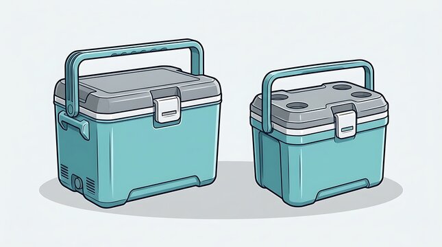 Pair of teal portable coolers for camping and outdoor activities