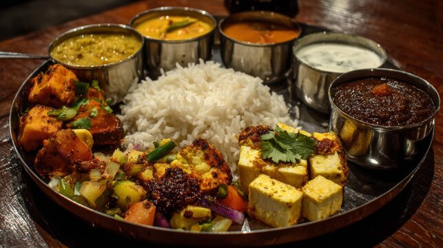 Indian vegetarian thali with basmati rice, paneer curry, dal, assorted chutneys and traditional side dishes, authentic homemade indian cuisine, flavorful healthy vegetarian meal served on classic indi