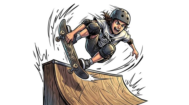 Young skateboarder performing a dynamic jump on a wooden ramp