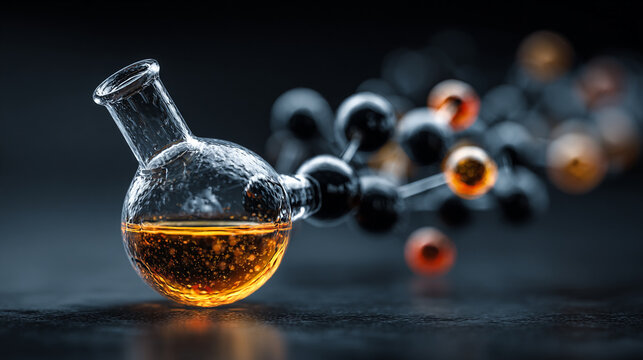 Glass chemical flask with liquid. Scientific research equipment for laboratory experiments.