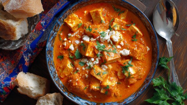 Tofu tikka masala in rich creamy tomato curry with aromatic indian spices, vegetarian plant based dinner, authentic asian cuisine, homemade vegan meal, top view food photography