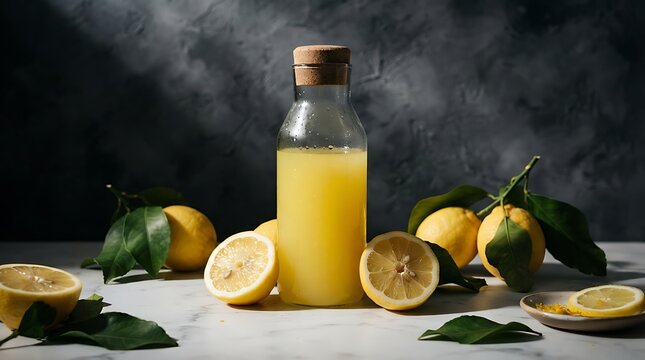 Fresh Lemonade in a Glass Bottle Surrounded by Lemons and Leaves.