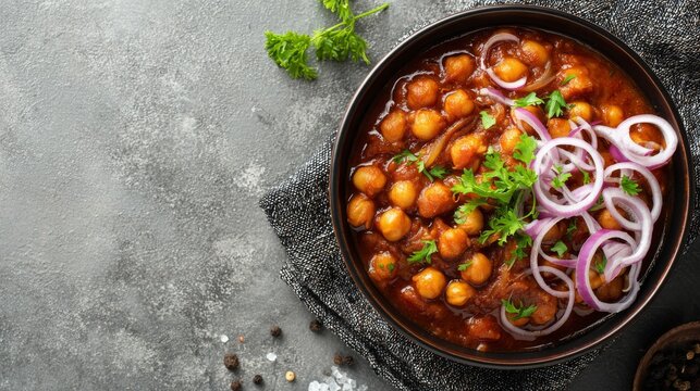 Top view of authentic chole masala with tender chickpeas, tomatoes, cumin, onion rings and fresh parsley in bowl, traditional indian vegetarian curry served on gray concrete background, flavorful home