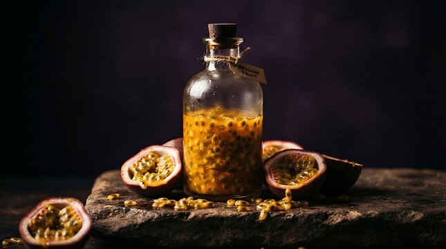 Passion Fruit Infused Oil in a Glass Bottle on a Rustic Wooden Surface.