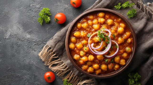 Top view of authentic chole masala with tender chickpeas, tomatoes, cumin, onion rings and fresh parsley in bowl, traditional indian vegetarian curry served on gray concrete background, flavorful home