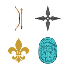 Ancient symbols and weapons set featuring an Egyptian scarab, a ninja star, a bow and arrow, and a fleur de lis icon © Astutik Studio
