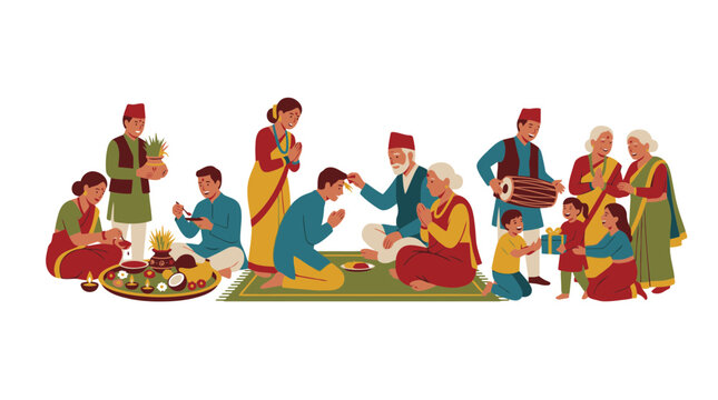 Nepalese Dashain Festival Family Celebration Illustration