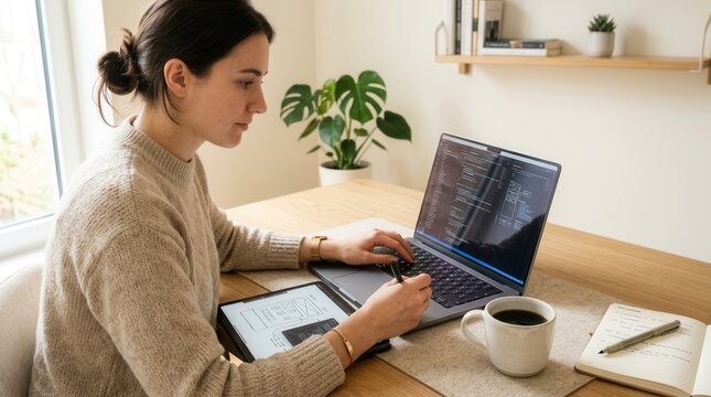 Young woman working remotely from home on laptop and tablet with coffee, coding and planning