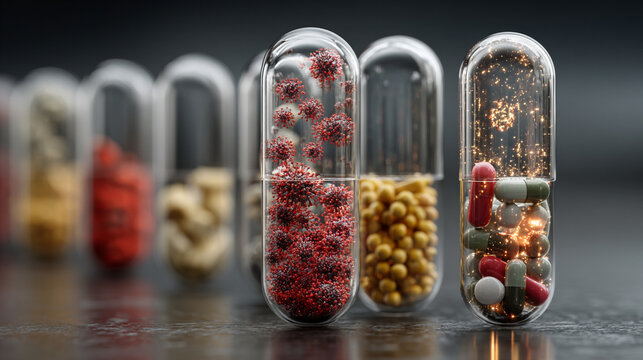 Transparent medical capsules with pills. Pharmaceutical medicine concept for healthcare industry.
