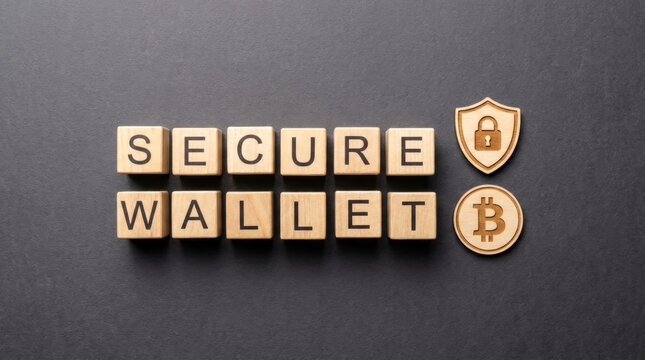Wooden blocks spelling secure wallet next to a shield padlock and bitcoin icon representing safe cryptocurrency storage, digital asset protection, and blockchain security.