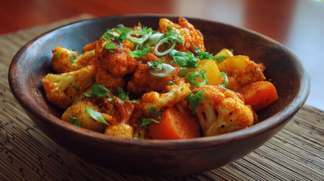 Aloo gobi traditional indian curry with potatoes and cauliflower, authentic homemade vegetarian dish, flavorful south asian cuisine, aromatic spiced comfort food, rustic restaurant style meal, healthy