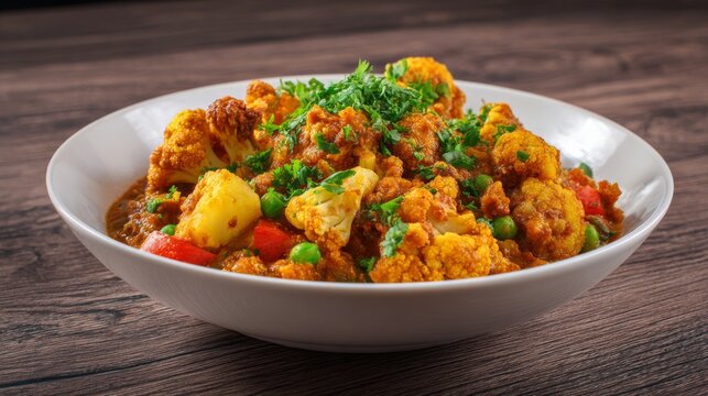 Aloo gobi traditional indian curry with potatoes and cauliflower, authentic homemade vegetarian dish, flavorful south asian cuisine, aromatic spiced comfort food, rustic restaurant style meal, healthy