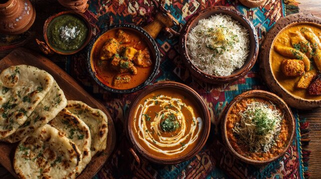 Assorted traditional indian cuisine featuring flavorful curry dishes, basmati rice, fresh naan bread, samosas, chutneys, aromatic spices, authentic homemade recipes, colorful food platter, restaurant 