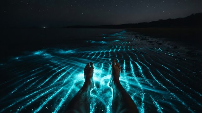 Bioluminescent plankton creating glowing blue trails on a dark beach at night, viewed from a first-person perspective.