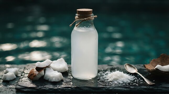 Refreshing Coconut Water in a Glass Bottle with Coconut Chunks and Grated Coconut.