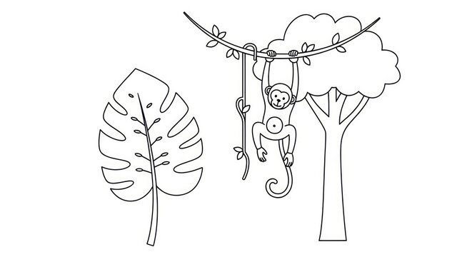 Monkey Hanging from Tree Vine Leaves.
