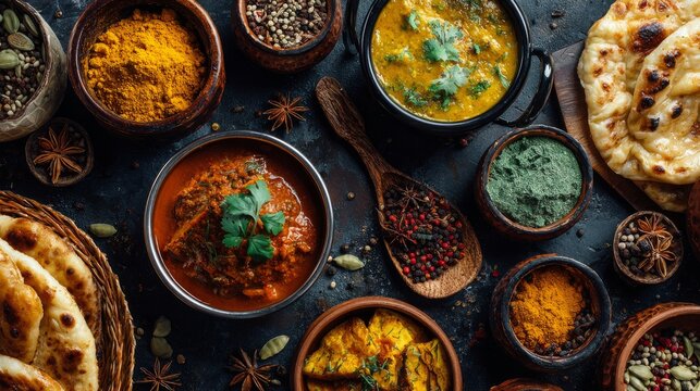 Assorted traditional indian cuisine on black background featuring colorful curry dishes, basmati rice, naan bread, samosas, chutneys, spices, and authentic homemade food in elegant restaurant style pr